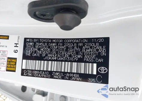 2021 Toyota Prius Xle z USA, uszkodzony, nr VIN JTDKAMFU6M3137679